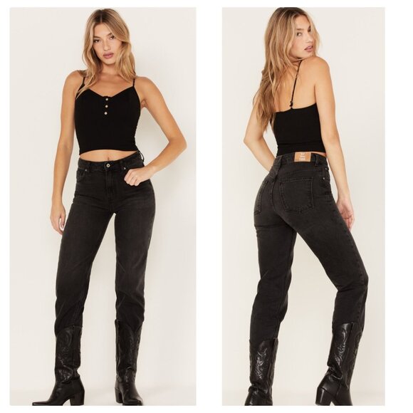 We The Free Denim - Free People Pacifica Straight Jeans Womens 24 Black High Rise Western Casual